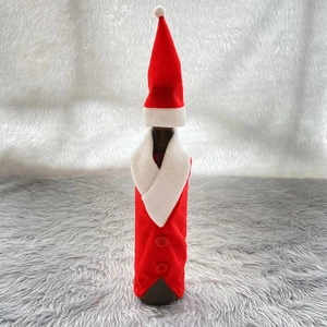 Christmas wine bottle cover set with red mini hat and buttoned robe for holiday table decor