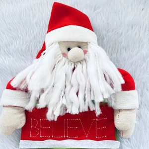 Large plush Christmas snowman stocking bag with white sheep wool and BELIEVE embroidery