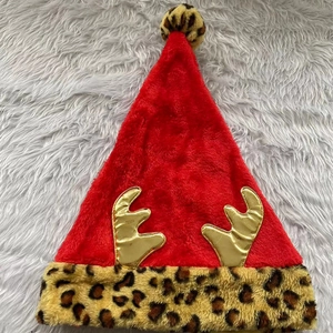 Leopard Trim Red Antler Christmas Hat Plush Deer Antler Hat For Xmas Party Holiday Decoration Festive Headwear Adult Cap