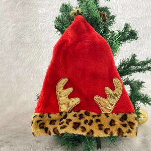 Red plush Christmas hat with gold reindeer antlers and leopard print faux fur trim