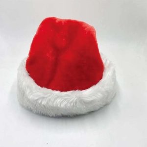 Classic red plush Christmas hat with thick white faux fur trim for holiday parties