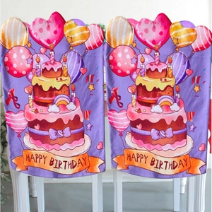 Elastic purple birthday chair covers with cake and balloons pattern for party decor
