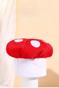 Close-up of red and white polka dot mushroom hat made of soft plush for theatrical costumes