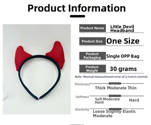 Macro detail of red devil horn headband with specifications for Halloween party accessory