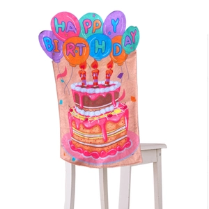 Pink birthday chair cover with cake and balloons pattern for party decoration