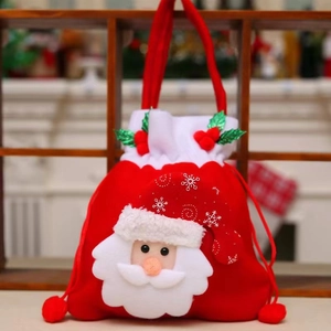 Red velvet Christmas gift bag with 3D Santa Claus figure and drawstring handle