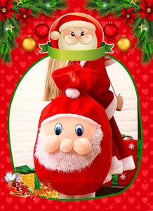 Detail view of red velvet Christmas gift bag with 3D Santa Claus face and white beard texture