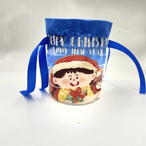Blue Christmas drawstring gift bag with cartoon reindeer and gold festive text print