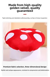 Detail view of plush mushroom hat made of premium gold velvet with a 3D structure