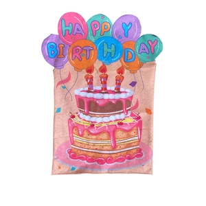 Pink velvet Happy Birthday gift bag with strawberry cake and colorful balloons decor