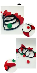 Close-up detail of plush red devil horns and colorful pom-poms on the black headband