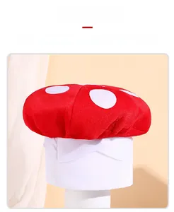 Detail view of the plush cartoon mushroom hat with vibrant red fabric and white spots