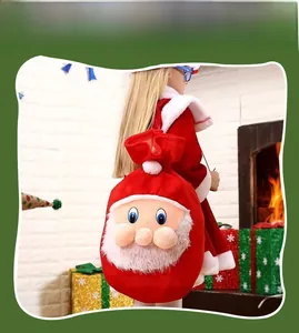 Detail of red velvet Santa Claus gift bag with plush beard and drawstring on a model