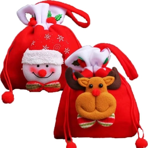 Detail showing plush Christmas gift bags with 3D snowman and reindeer festive patterns