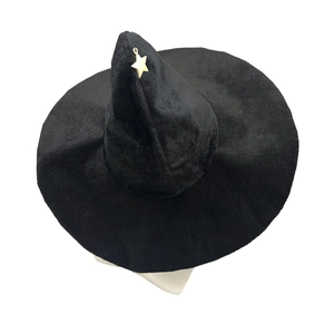 Black velvet witch hat with a hanging golden star pendant for Halloween party and cosplay