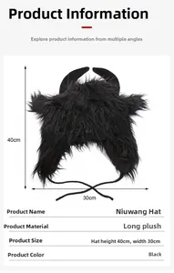 Detailed view of the black plush Bull King hat with horns and specific size dimensions