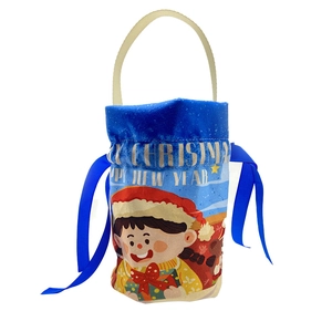 Blue velvet Christmas gift bag with cartoon girl illustration and Merry Christmas text