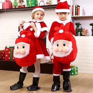 Kids red velvet Christmas costume set with Santa Claus smiling face gift bags
