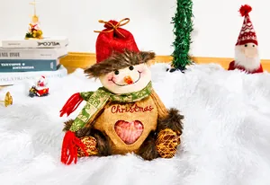 Close-up of burlap Christmas snowman candy bag with a clear heart window on fur mat