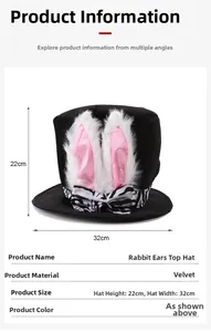 Détail du chapeau haut de forme oreilles de lapin et nœud zèbre, taille 22x32cm