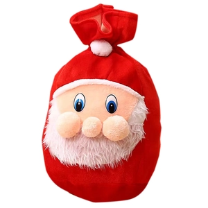 Red velvet Santa Claus drawstring gift bag with plush white beard for Christmas decoration