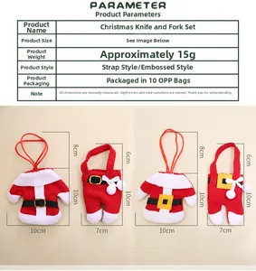 Size chart for Christmas cutlery holders showing jacket and pants measurements in cm