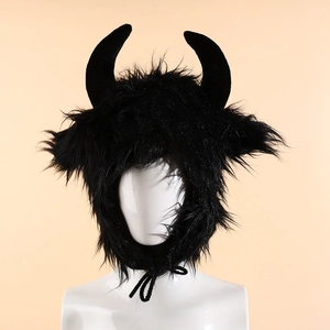 Halloween Bull Demon King Horn Plush Hat Warm Funny Cosplay Devil Costume Lei Feng Hat For Men Women Black Party Decor