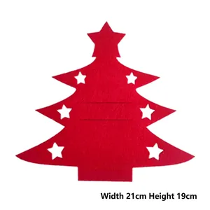 Detail view of red felt Christmas tree cutlery holder with dimensions 21cm by 19cm