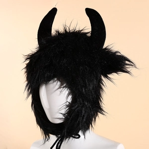 Funny Halloween black plush bull devil horn hat with warm ear flaps and straps