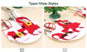 Close-up of Santa suit cutlery holders in cloth and belt styles for festive table decor