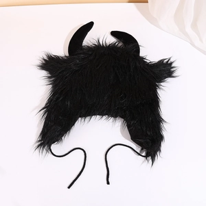 Black plush Halloween devil horn trapper hat with furry texture and tie straps