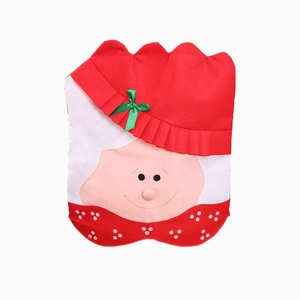 Cartoon Santa themed Christmas chair cover with red hat and green ribbon decoration