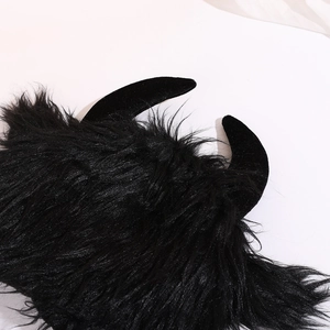 Funny Halloween bull horn plush hat with black faux fur and demonic ox styling for adults