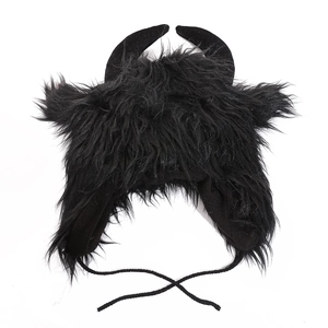 Funny black faux fur devil horn hat with chin straps for Halloween and winter warmth
