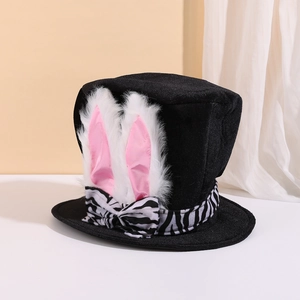 Haut-de-forme de lapin de Pâques avec oreilles en peluche et nœud motif zèbre de fête