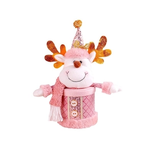 Pink reindeer Christmas candy jar gift box with plush hat and golden antlers