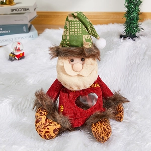 Christmas Santa Claus gift bag in red knit with green plaid hat and heart window