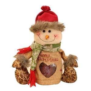 Christmas snowman gift bag with linen texture and heart-shaped transparent window