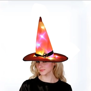 Orange Halloween witch hat with LED lights and black buckle detail on a white background