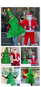Detailed look at Christmas tree costume with red ornaments and Santa Claus suit for adults