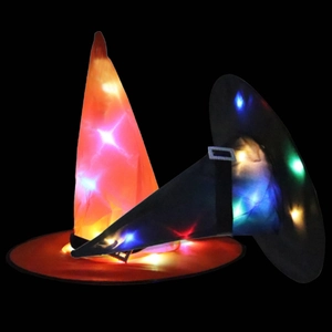 LED glowing Halloween witch hats in orange and black with colorful internal lighting effect