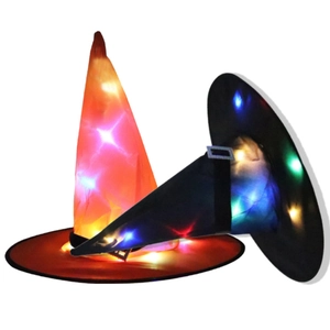 Halloween LED glowing wizard hats in orange and black with sparkling colorful lights