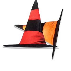Klassische spitze Zaubererhüte mit roten, orangen und schwarzen Streifen für Halloween