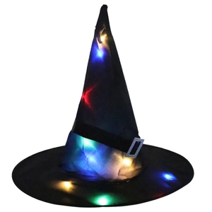 Black Halloween witch hat with sparkling colorful LED lights and a silver buckle