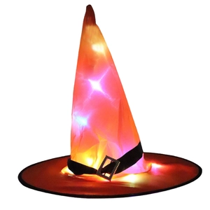 Detail of Halloween LED wizard hat with orange gradient fabric and buckle