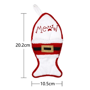 Fish-shaped red Christmas stocking for cats with Meow embroidery and belt detail