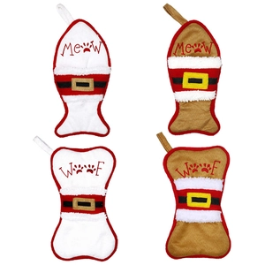 Christmas stockings for pets in fish and bone shapes with Mew and Woof embroidery