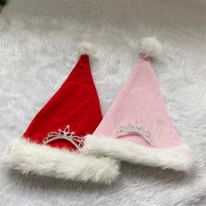 Weihnachten Plüschmütze Mit Silbernem Strass Krone Prinzessin Stil Samt Weihnachtsmütze Für Erwachsene Party Dekoration Rosa Rot