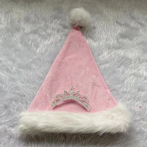 Rosa Weihnachtsmütze aus Samt mit weißem Plüschrand und silberner Kronen-Verzierung