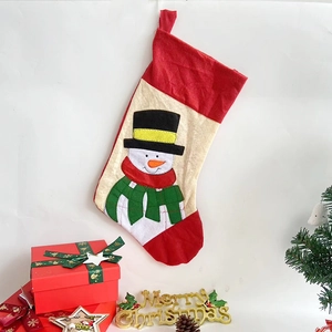 Large snowman Christmas stocking gift bag with red plaid scarf for holiday tree decor